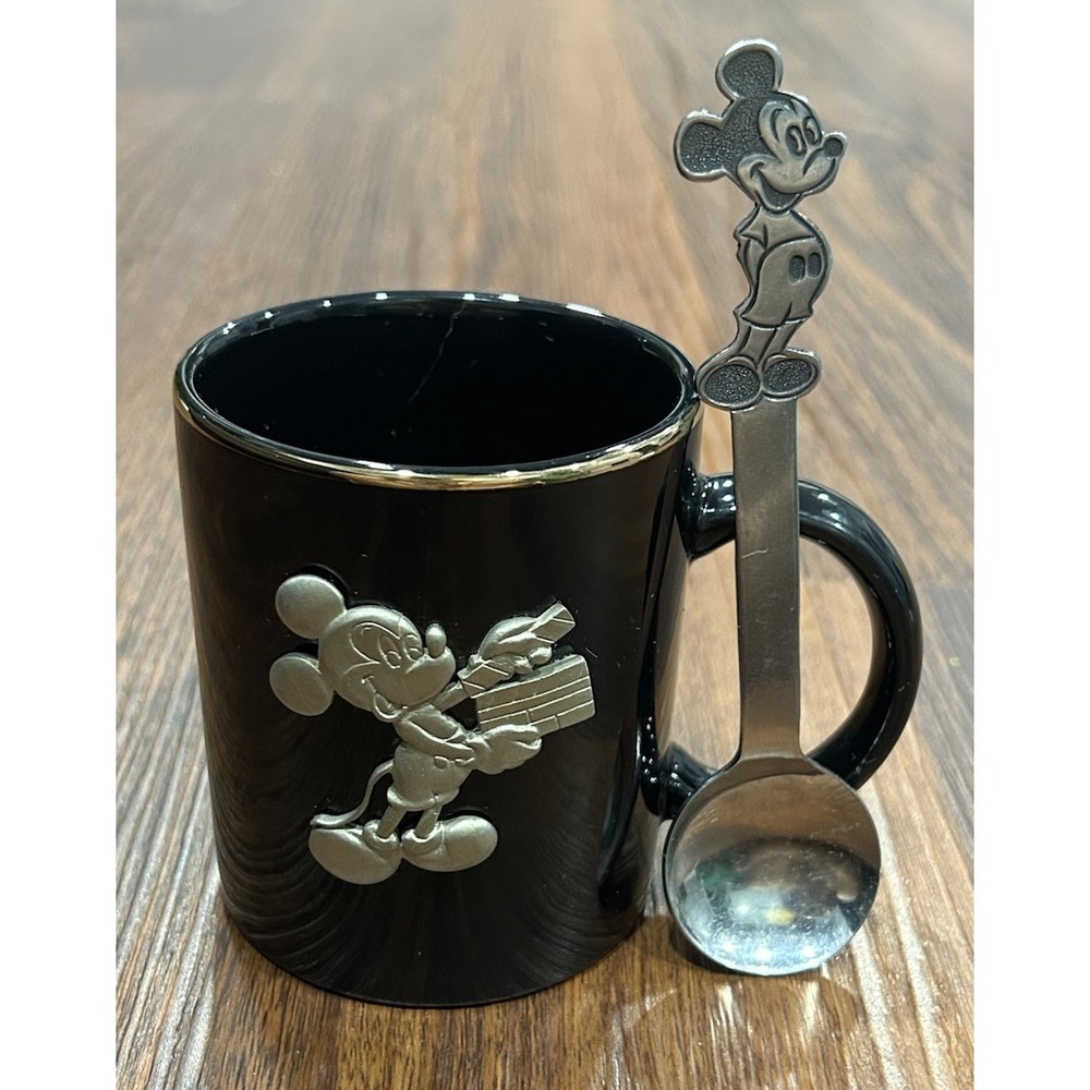 Walt Disney Studios Black Coffee Mug Gold Trim Pewter Mickey Mouse 3D With Spoon